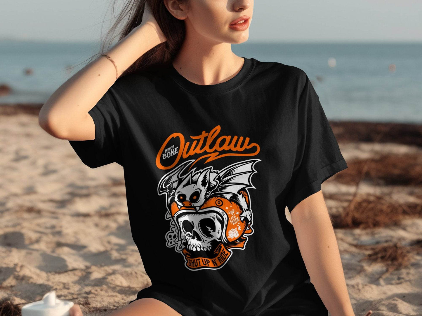Bold Graphic Outlaw Bat Illustration on Skull T-Shirt - Design & Vybe