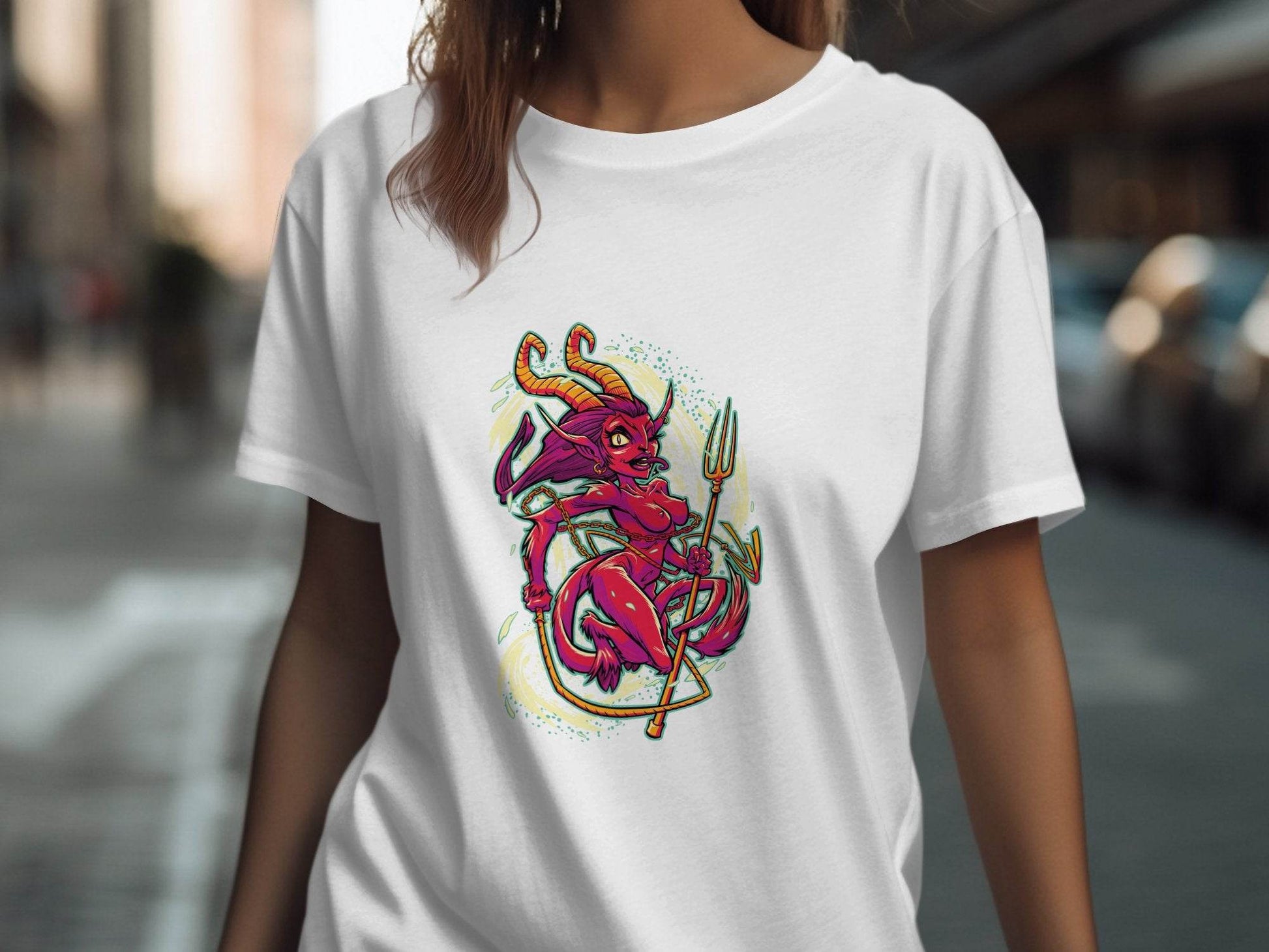 Fiery Temptress Devil Girl Art With A Pitchfork T-Shirt - Design & Vybe