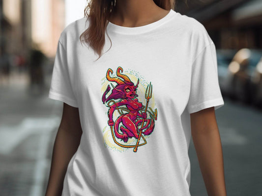 Fiery Temptress Devil Girl Art With A Pitchfork T-Shirt - Design & Vybe