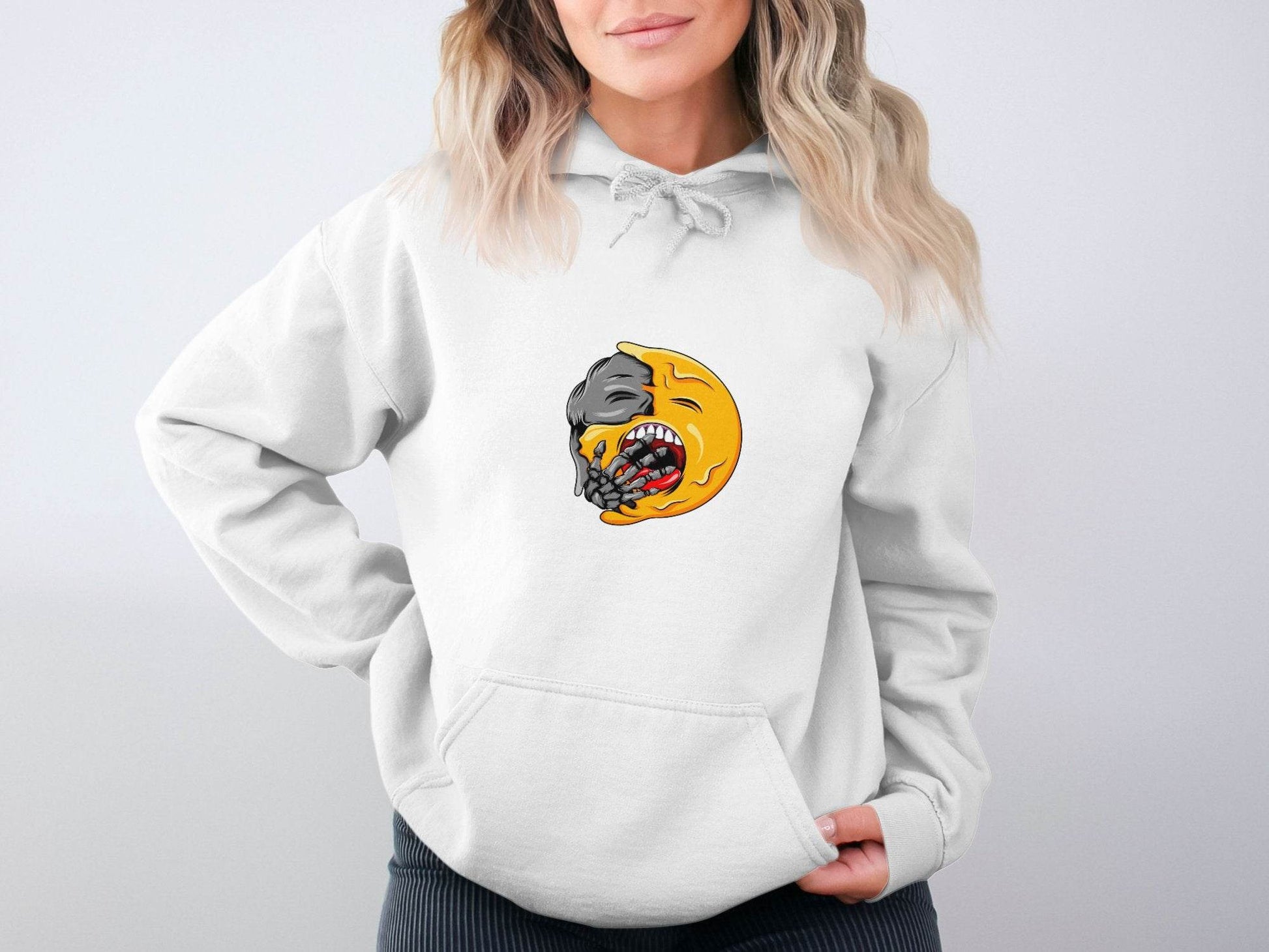 Zombie Emoji Biting Skeleton Hand Illustration Hoodie - Design & Vybe