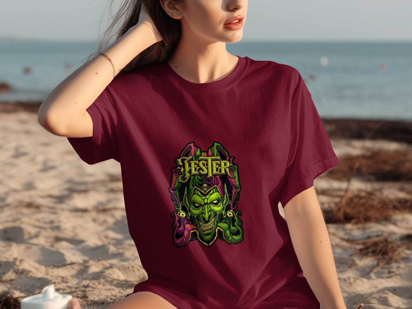 Wicked Jester Graphic Green Purple Gold Artwork T-Shirt - Design & Vybe