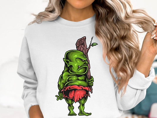 Green Troll Graphic Sweater With Red Skirt And Bat - Design & Vybe