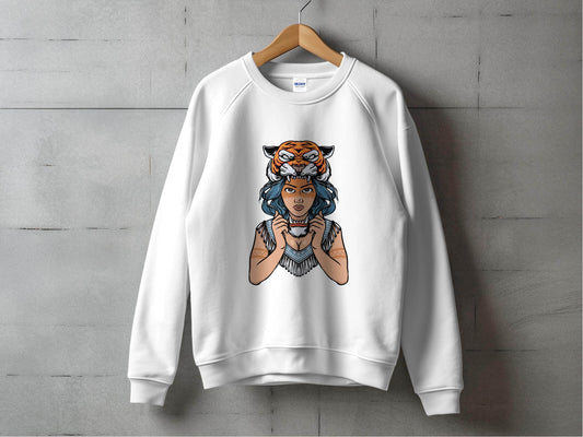 Fierce Tiger Spirit Headdress Young Woman Design Sweater - Design & Vybe