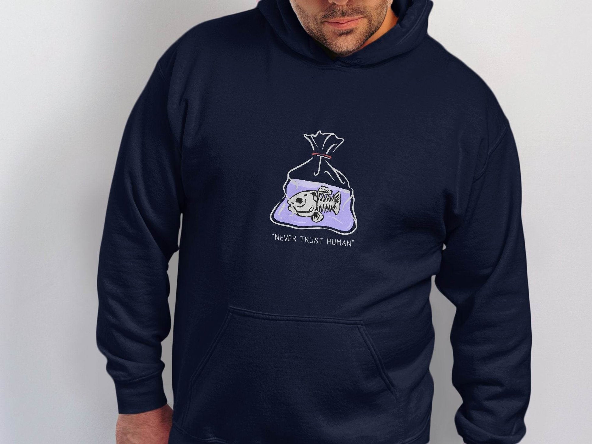 Never Trust Human Fish Skeleton Plastic Bag Design Hoodie - Design & Vybe