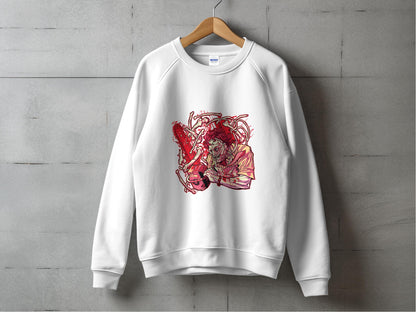 Artistic Red and White Sweatshirt with Unique Design product type