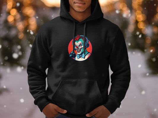Creepy Clown in Headphones Design Black Hoodie product