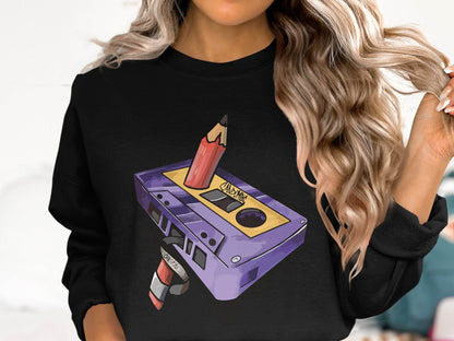 Cool Retro Pencil and Cassette Design Graphic Sweater - Design & Vybe