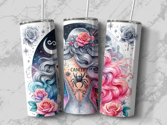 Girl with Cancer Zodiac Sign Tattoo and Moon Background Design Tumbler - Design & Vybe