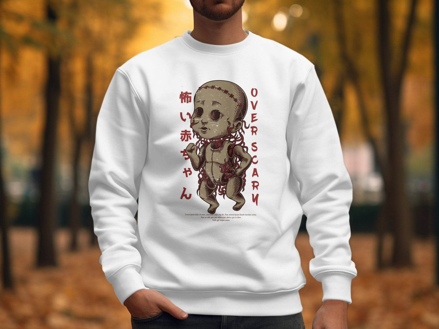Scary Doll with Japanese Text Design Trendy Over Scary Sweater - Design & Vybe