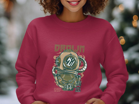 Retro Diving Helmet with DROWN Graphic Cool Sweater - Design & Vybe