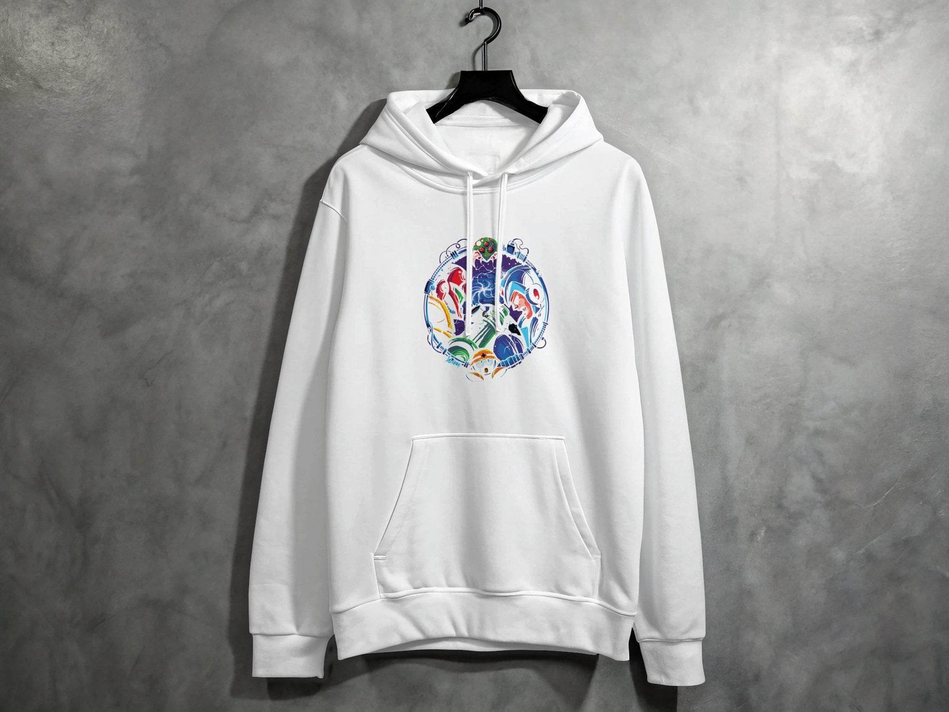 Metroid Meets Mega Man Character Design in Space Hoodie - Design & Vybe