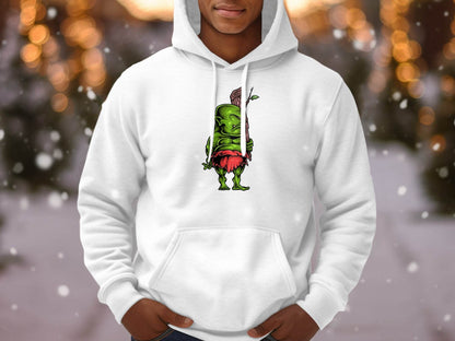 Green Troll Graphic Hoodie With Red Skirt And Wooden Club - Design & Vybe