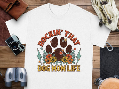 Rockin' That Dog Mom Life With Paw and Flowers T-Shirt - Design & Vybe