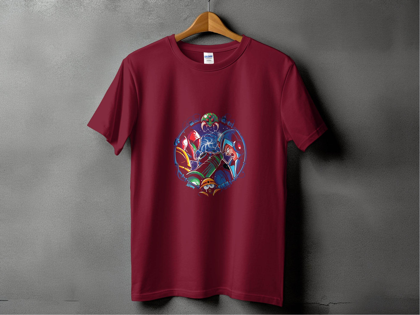 Metroid Meets Mega Man Character Design in Space T-Shirt - Design & Vybe