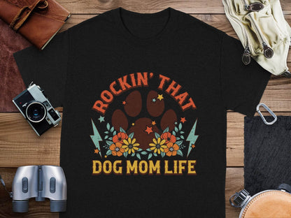 Rockin' That Dog Mom Life With Paw and Flowers T-Shirt - Design & Vybe