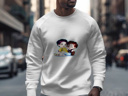 Two Boys Cute Cartoon Sitting Together Art On Sweater - Design & Vybe