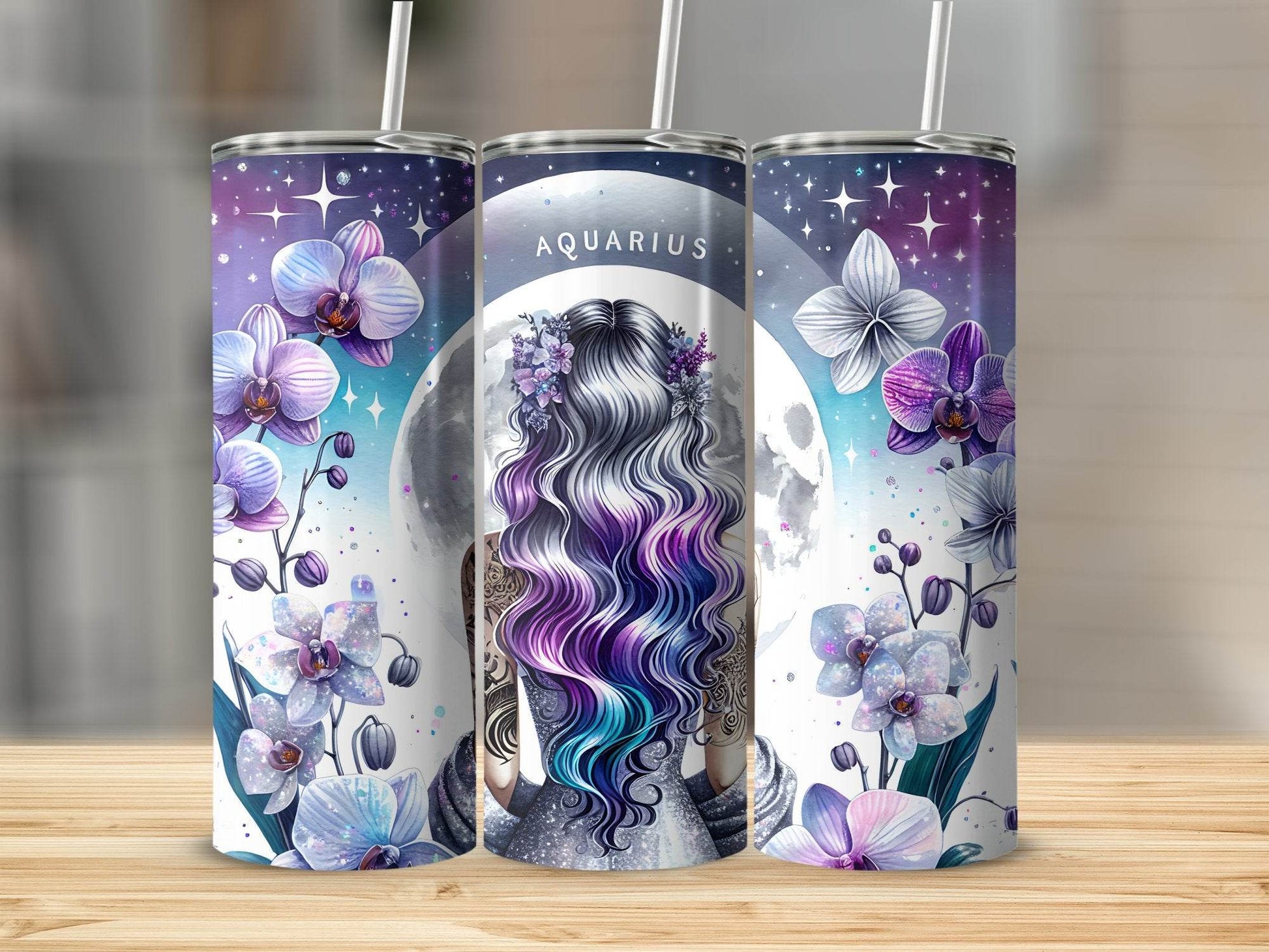 Aquarius Zodiac Sign Woman Full Moon Floral Tattoo Design Tumbler - Design & Vybe