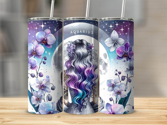 Aquarius Zodiac Sign Woman Full Moon Floral Tattoo Design Tumbler - Design & Vybe