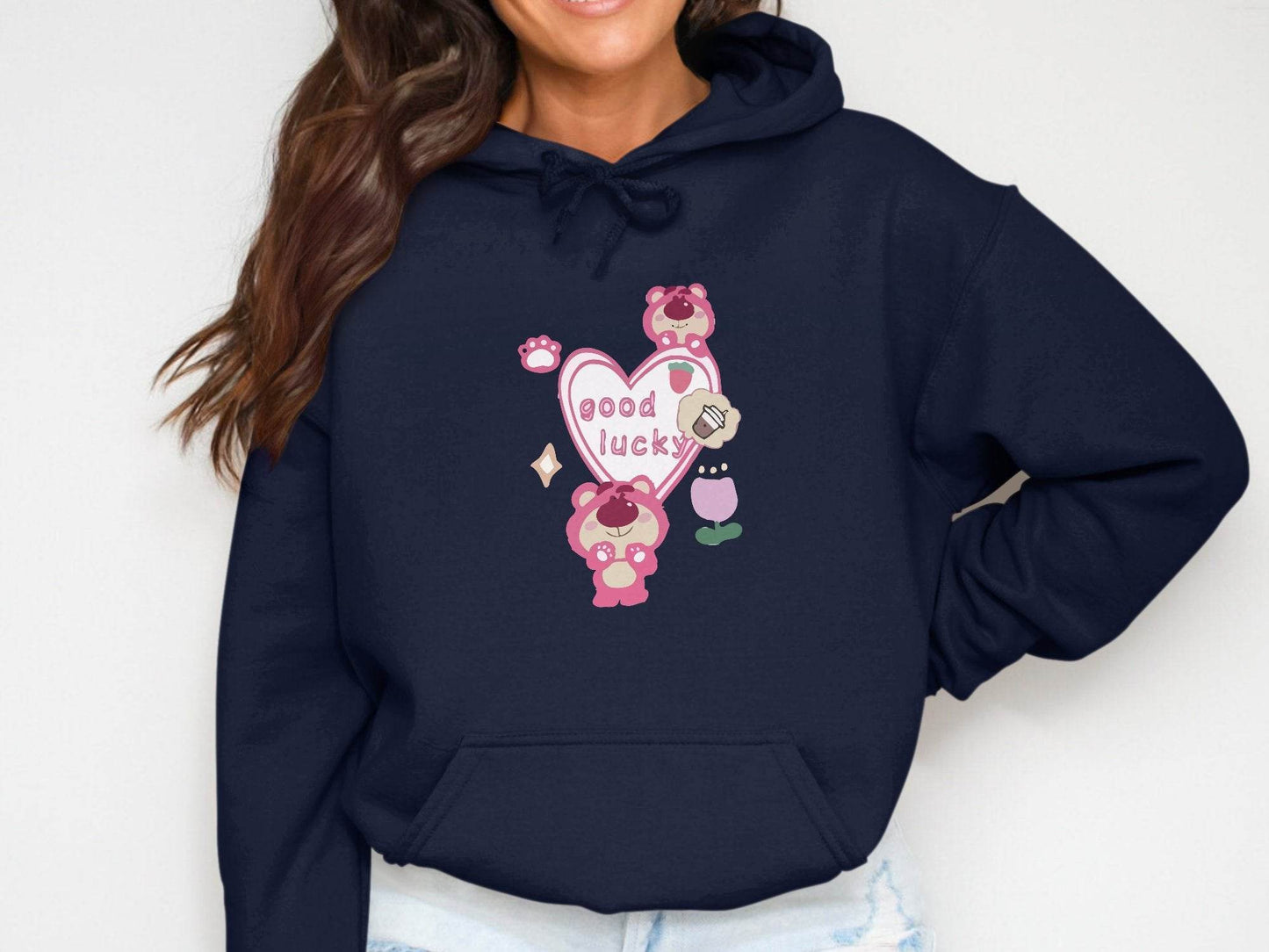 Cute Pink Bear With Good Lucky Heart Design Hoodie - Design & Vybe