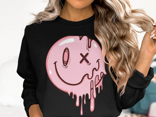 Melting Dripping Smiley Graphic Accent Sweater - Design & Vybe