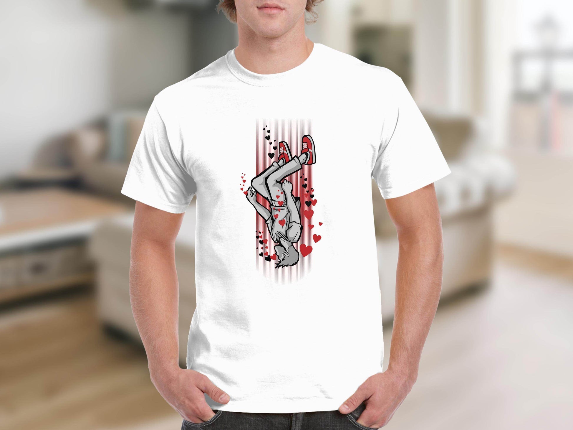 Dynamic Falling Character Heart Design T-Shirt - Design & Vybe