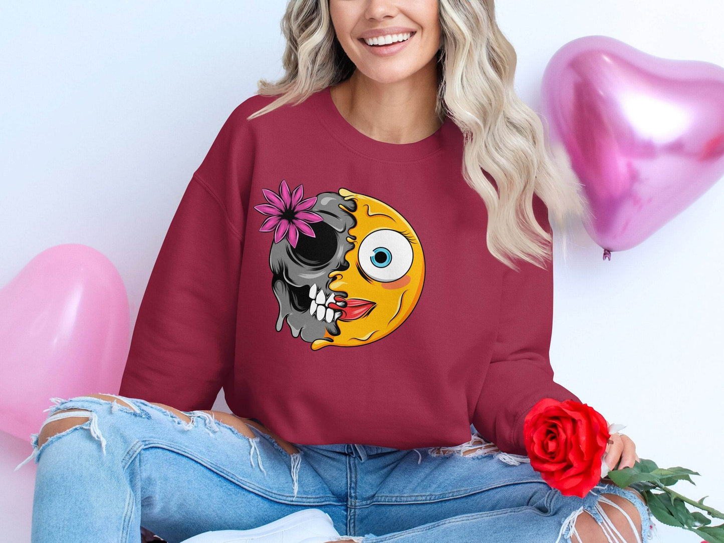 Half Skull and Happy Face Smiley Design Sweater - Design & Vybe