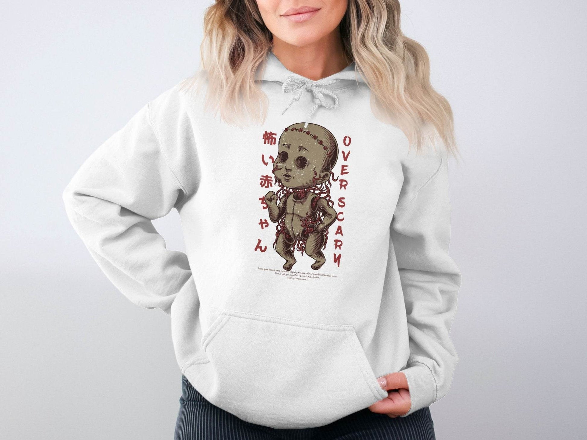 Scary Doll with Japanese Text Design Trendy Over Scary Hoodie - Design & Vybe