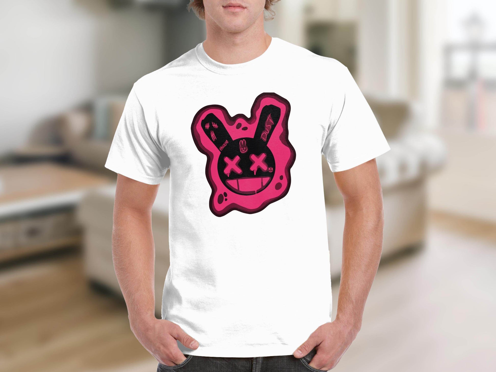 Unique Red Pink Dripping Rabbit Bunny Dead Smiley Face Graphic T-shirt - Design & Vybe