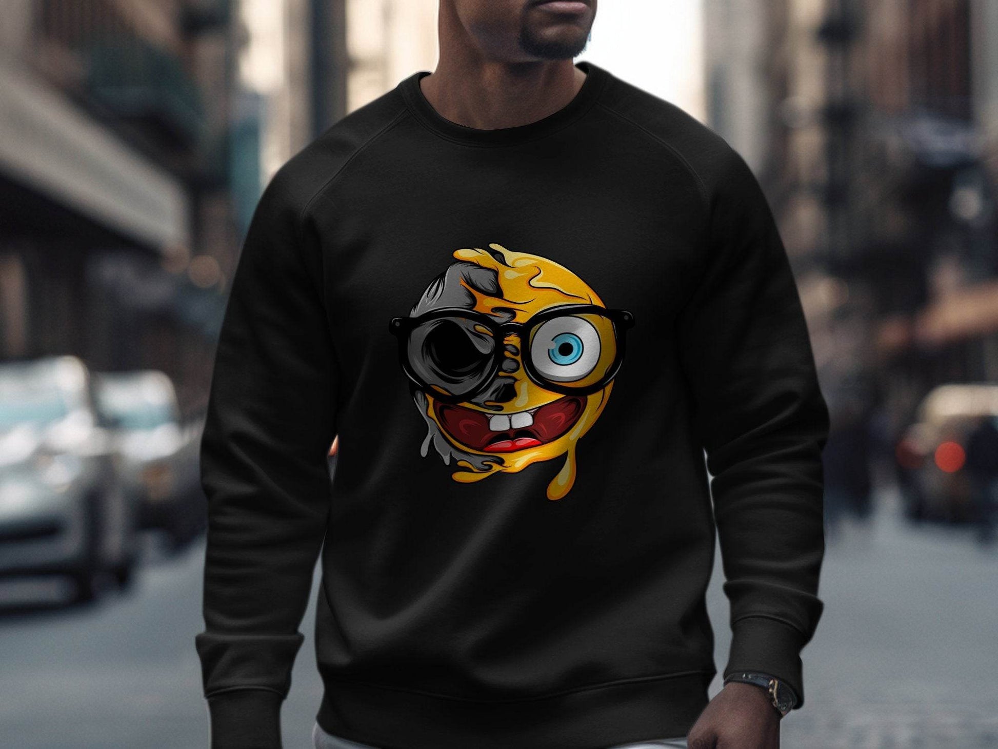 Quirky Smiley Face with Glasses Graphic Sweater - Design & Vybe