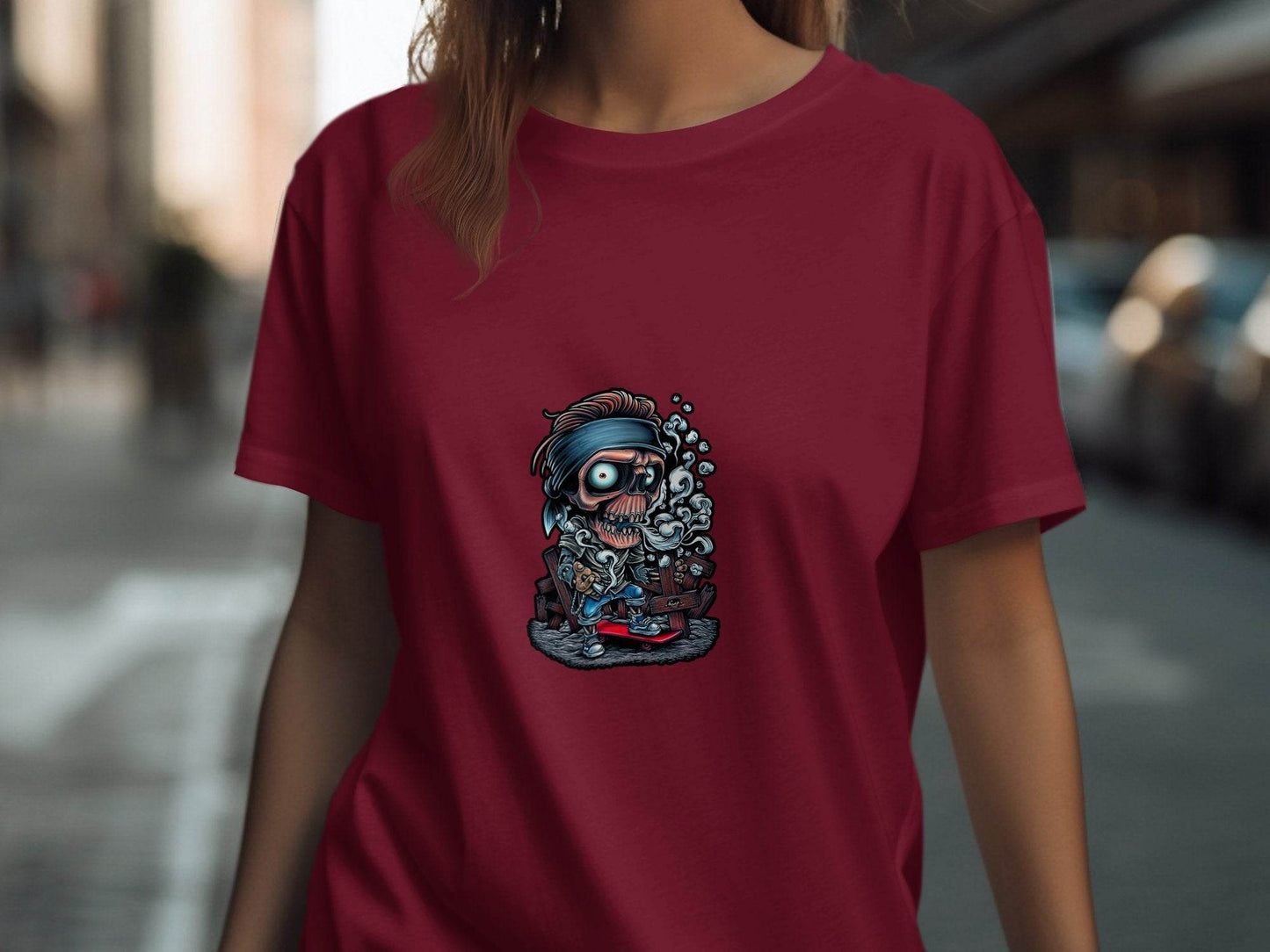 Skull On Skateboard Smoking Cartoon Art Illustration T-Shirt - Design & Vybe