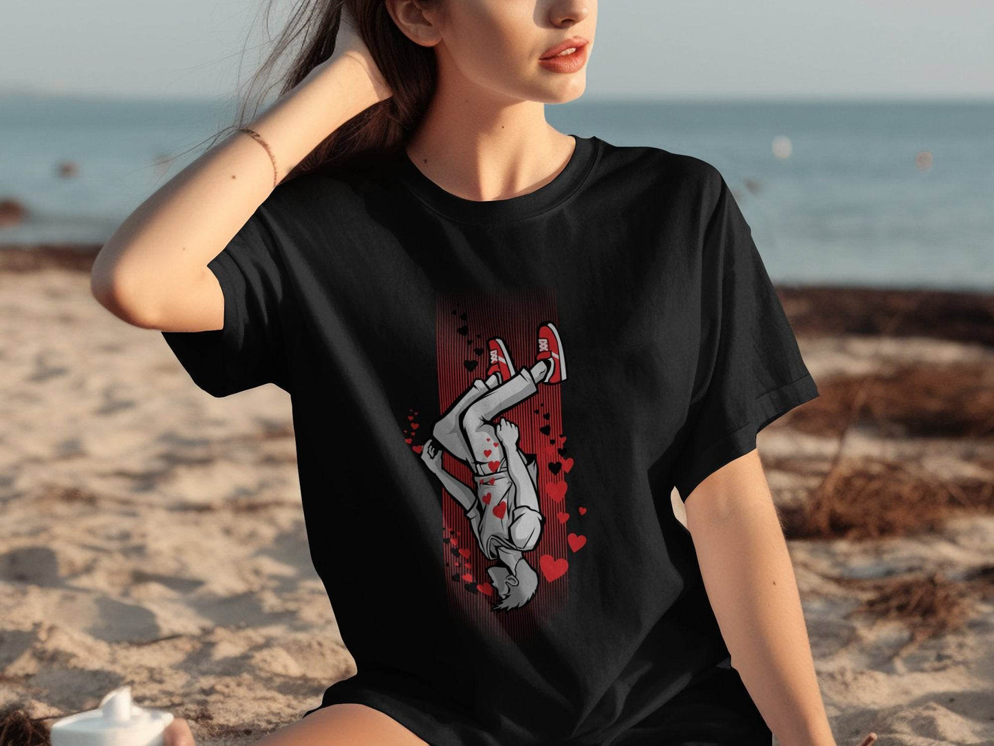 Dynamic Falling Character Heart Design T-Shirt - Design & Vybe