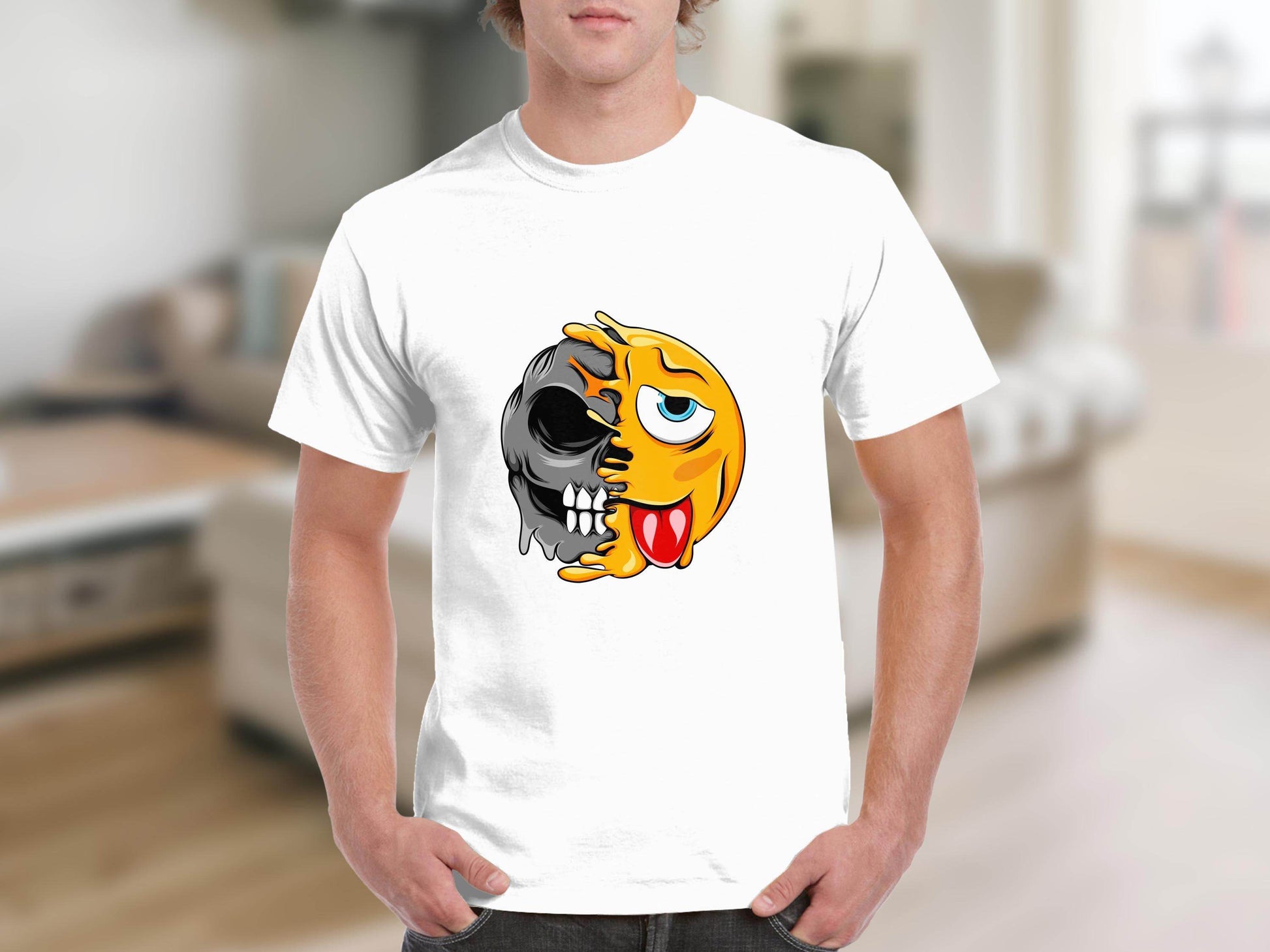 Edgy Skull and Funny Face Duality Creative Smiley T-Shirt - Design & Vybe