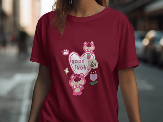 Cute Pink Bear With Good Lucky Heart Design T-Shirt - Design & Vybe