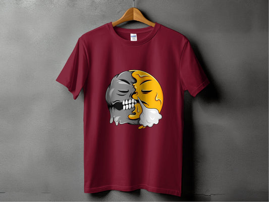 Yin Yang Skull Design on Maroon T-Shirt product