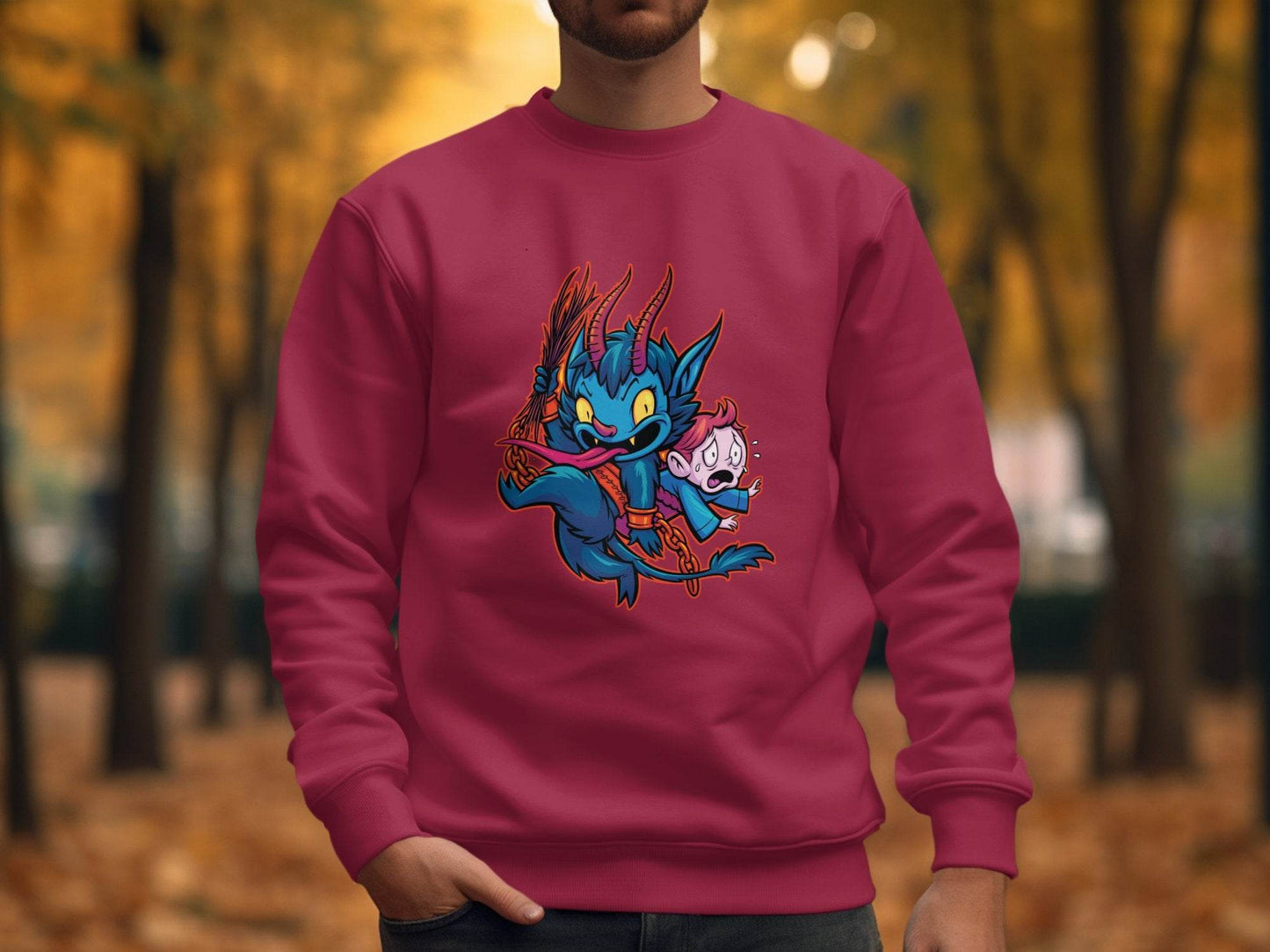 Krampus With Child Caught Illustration Cartoon Sweater - Design & Vybe
