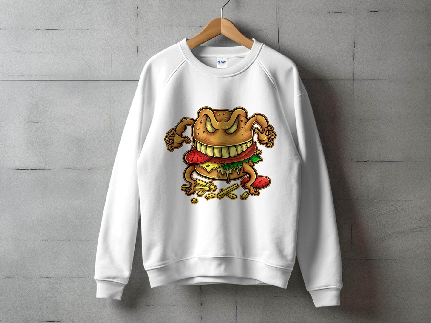 Quirky Cartoon Monster Cheeseburger Graphic Sweater - Design & Vybe