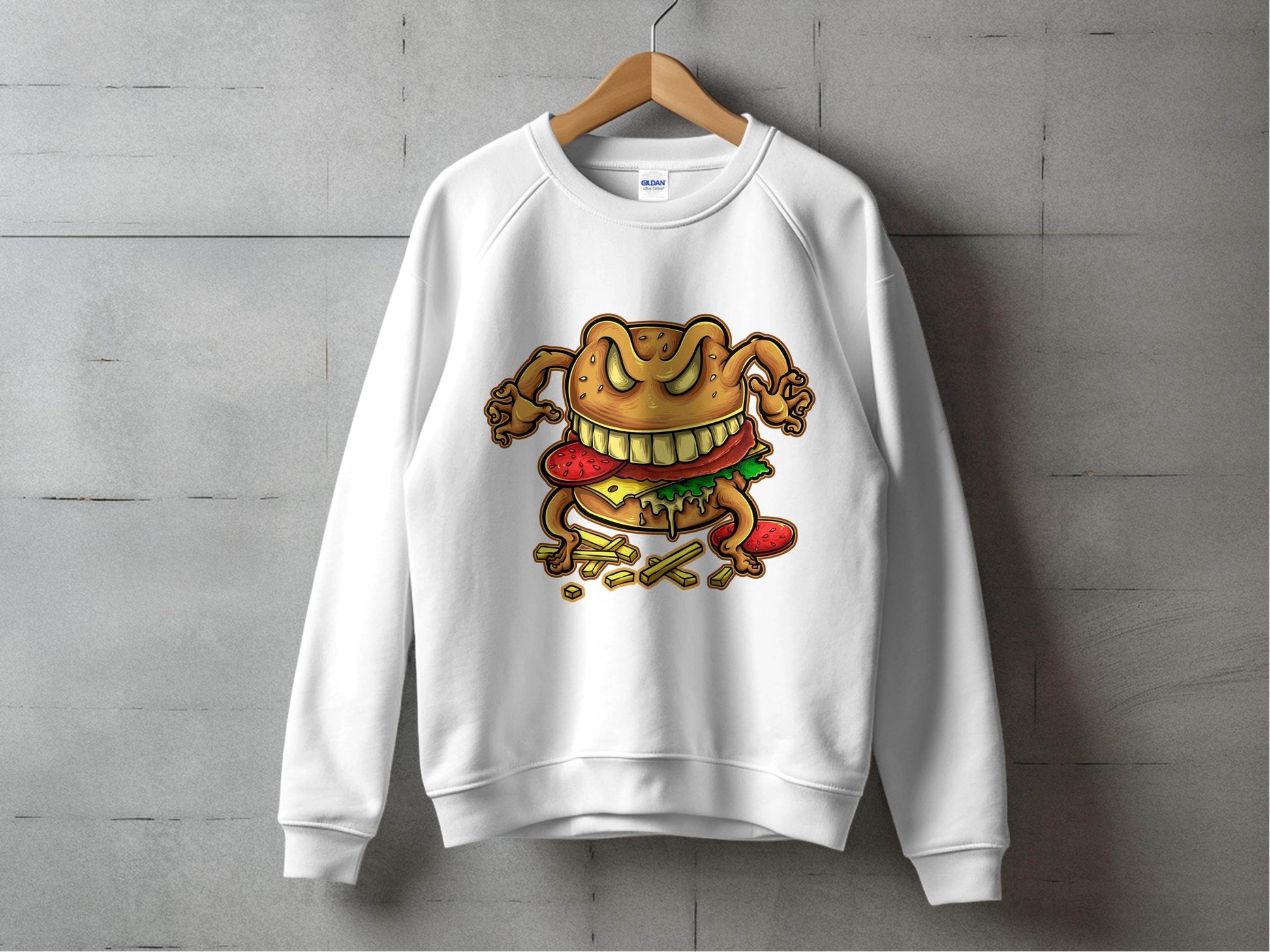 Quirky Cartoon Monster Cheeseburger Graphic Sweater - Design & Vybe