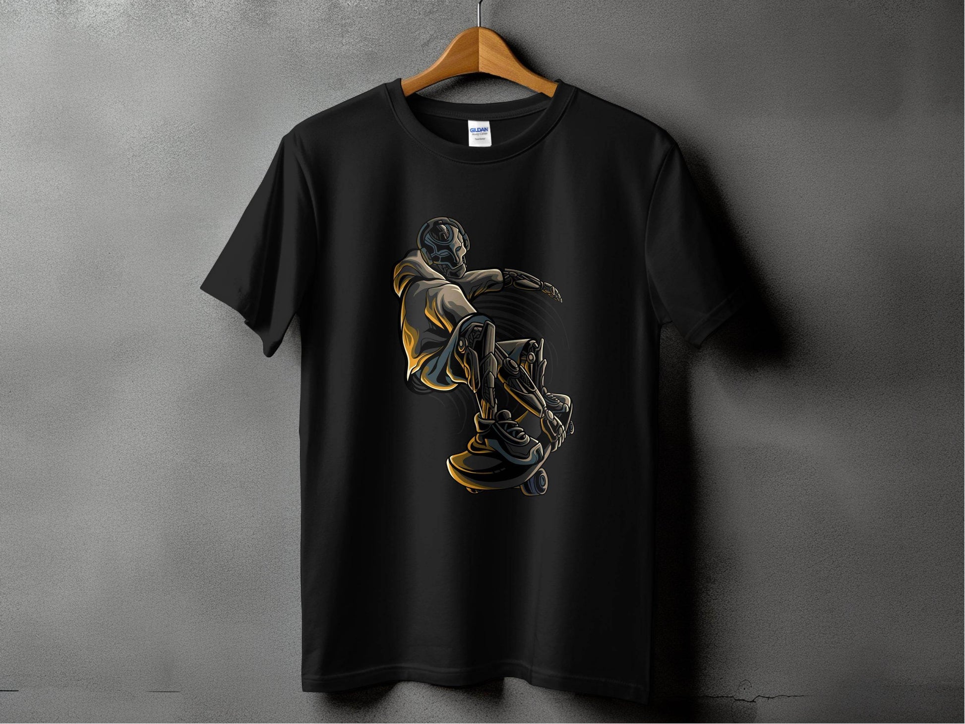 Futuristic Robot Skateboarding Graphic on Trendy T-Shirt - Design & Vybe
