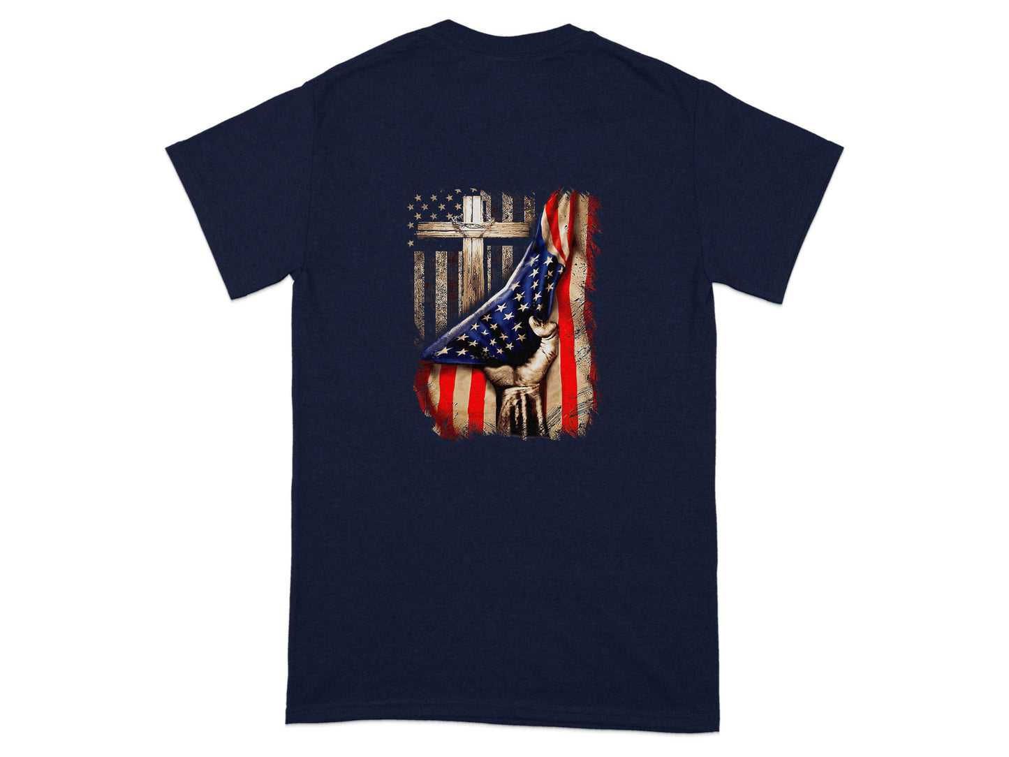 American Flag Plus Cross Held in Hand Design T-Shirt - Design & Vybe