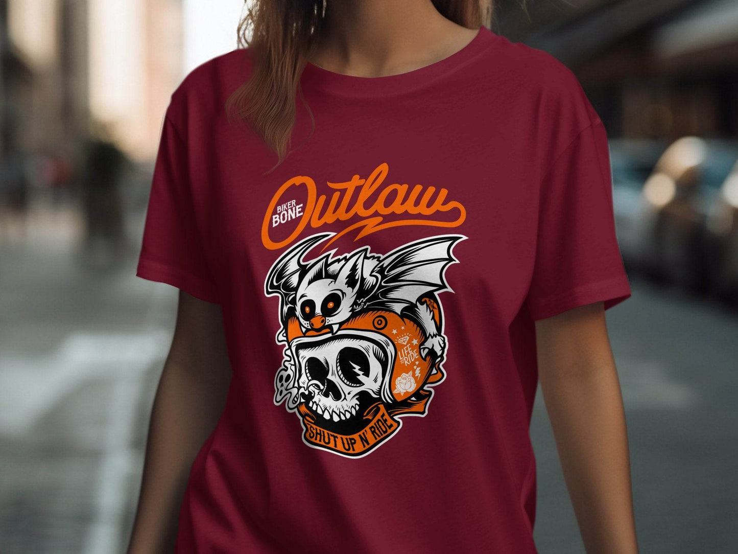 Bold Graphic Outlaw Bat Illustration on Skull T-Shirt - Design & Vybe