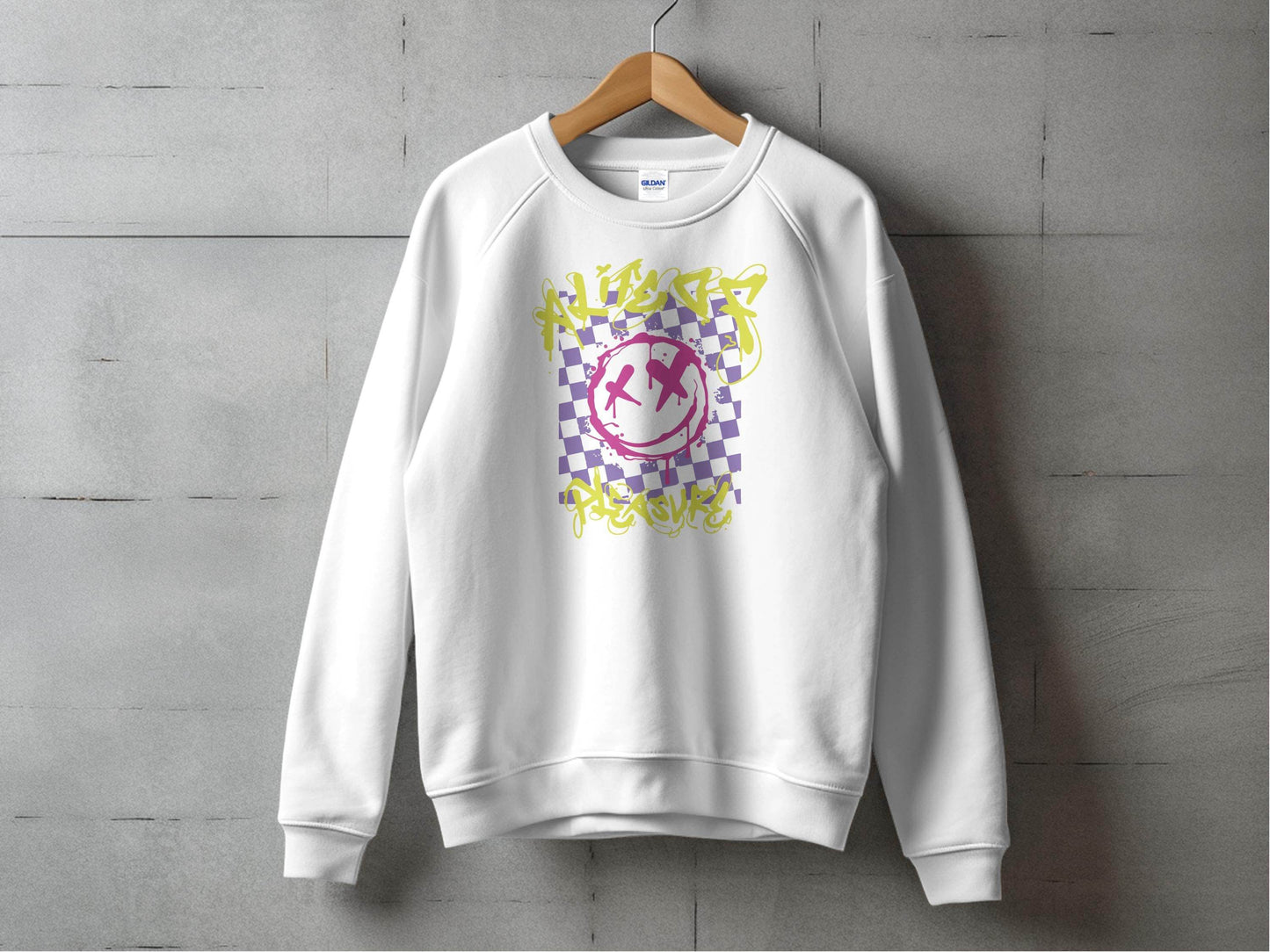 Grunge Smiley Checkered Dead Smile Graphic with Graffiti Sweater - Design & Vybe