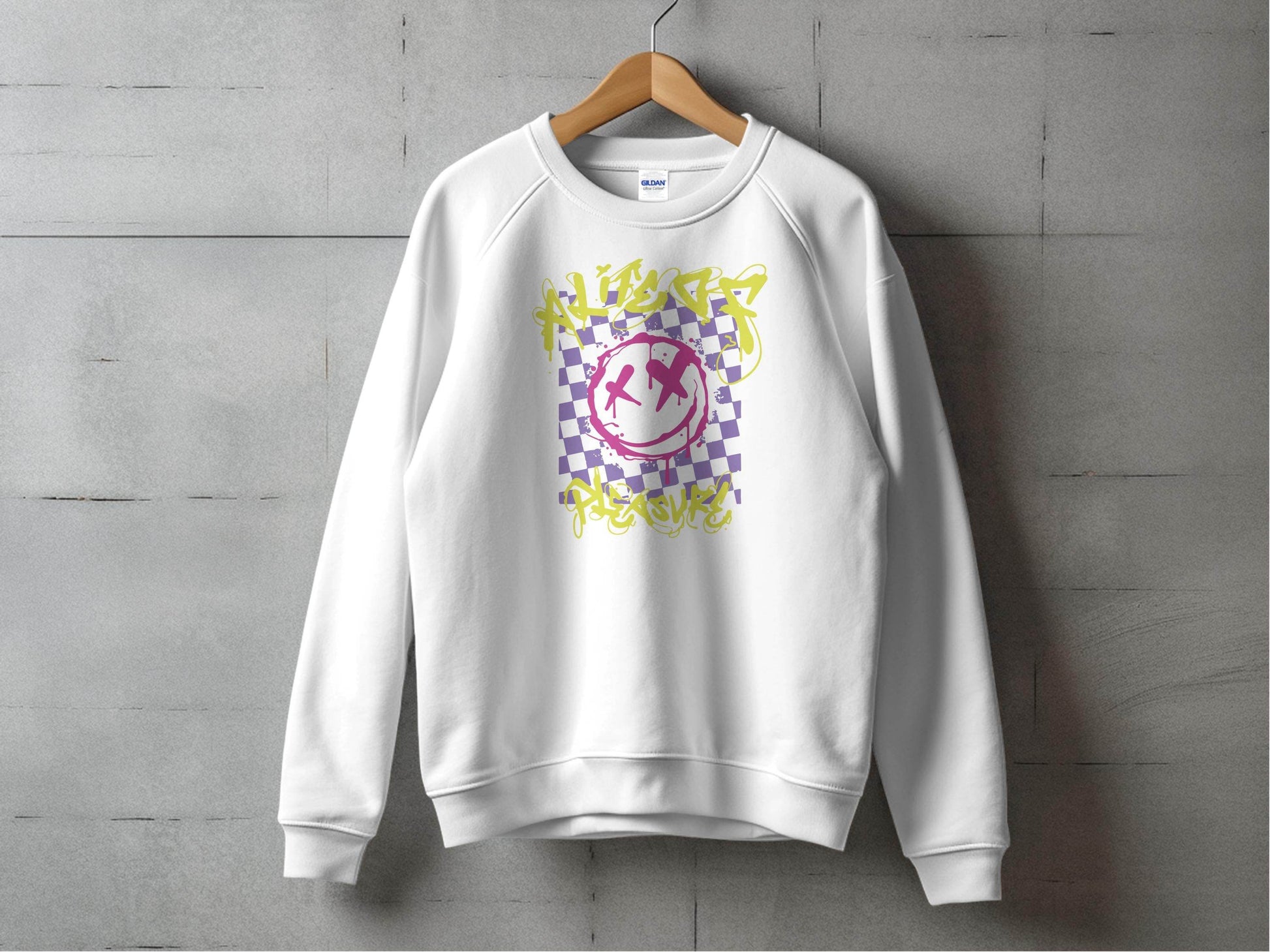 Grunge Smiley Checkered Dead Smile Graphic with Graffiti Sweater - Design & Vybe