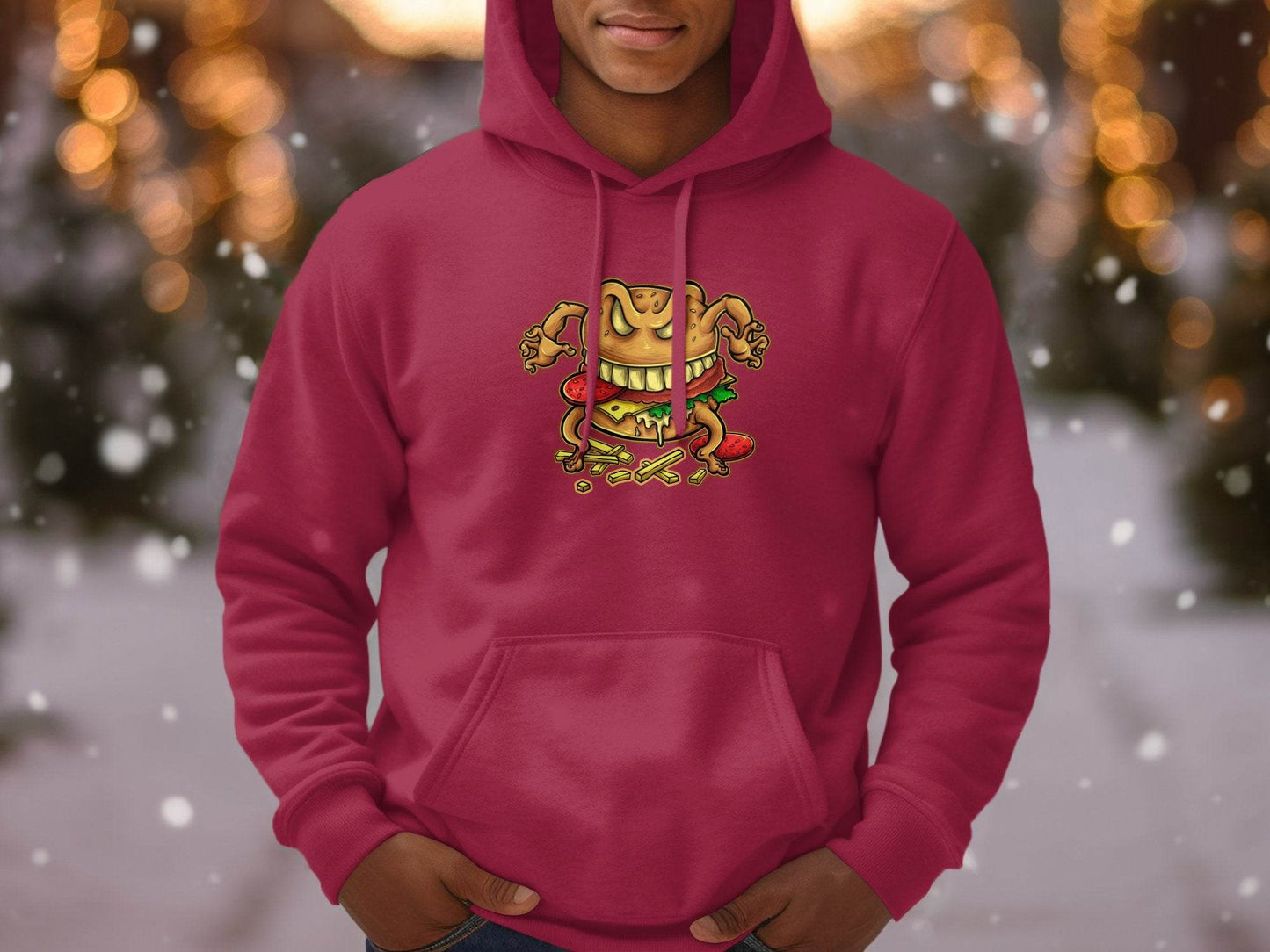 Quirky Cartoon Monster Cheeseburger Graphic Hoodie - Design & Vybe