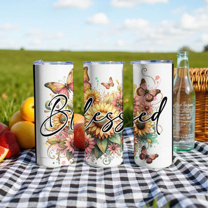 Blessed Butterfly Sunflower Art Design Print On A Tumbler - Design & Vybe