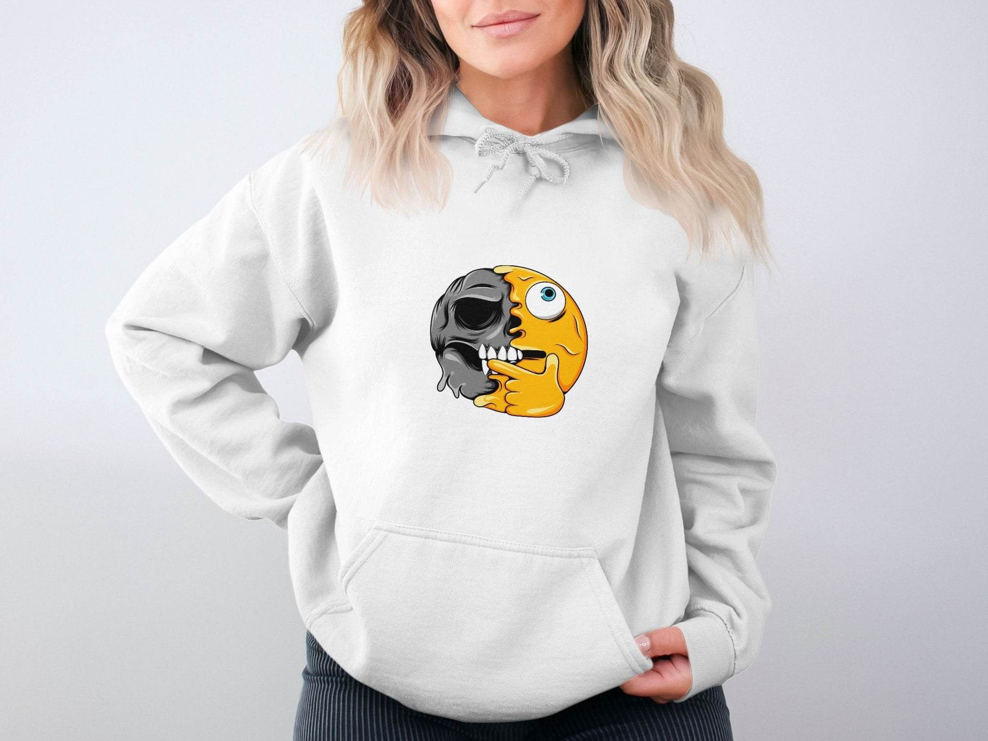 Emoji Skull Half and Half Funny Face Art Hoodie - Design & Vybe