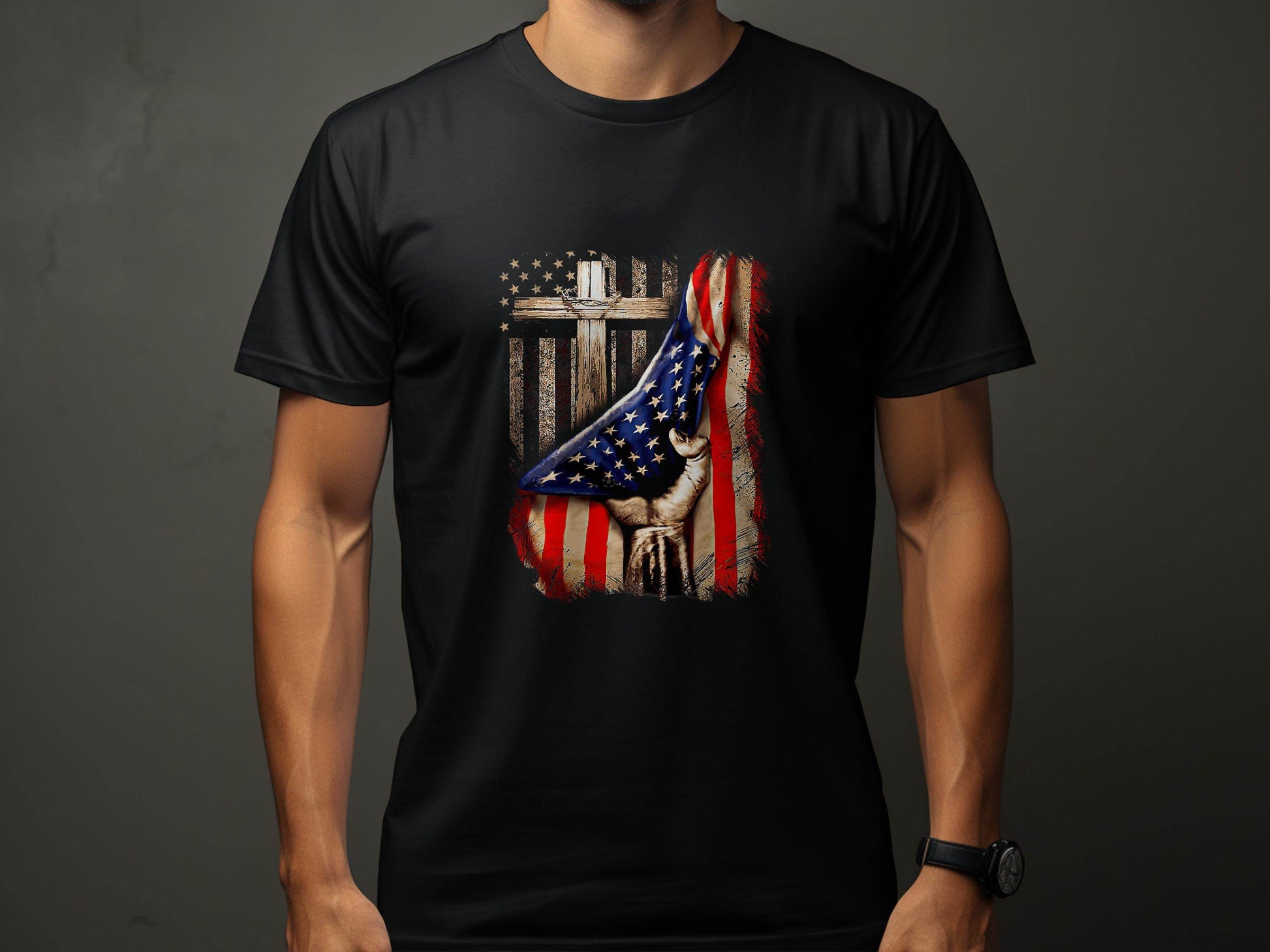 American Flag Plus Cross Held in Hand Design T-Shirt - Design & Vybe