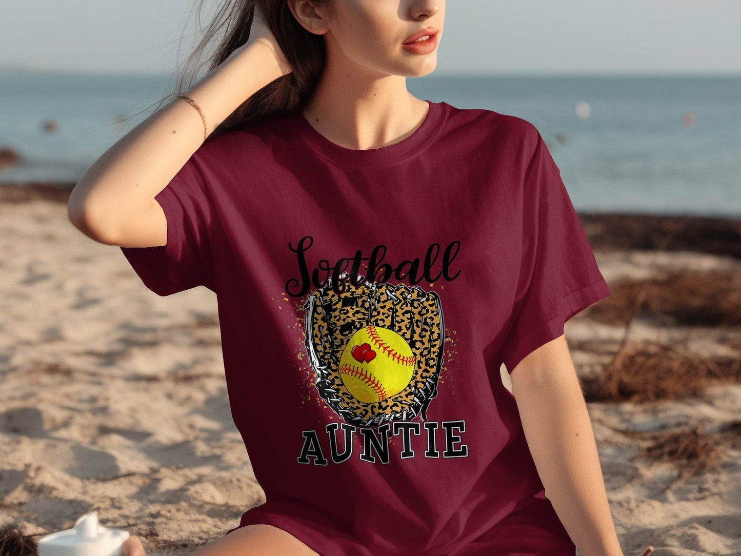 Softball Auntie with Hearts and Leopard Glove Design T-Shirt - Design & Vybe
