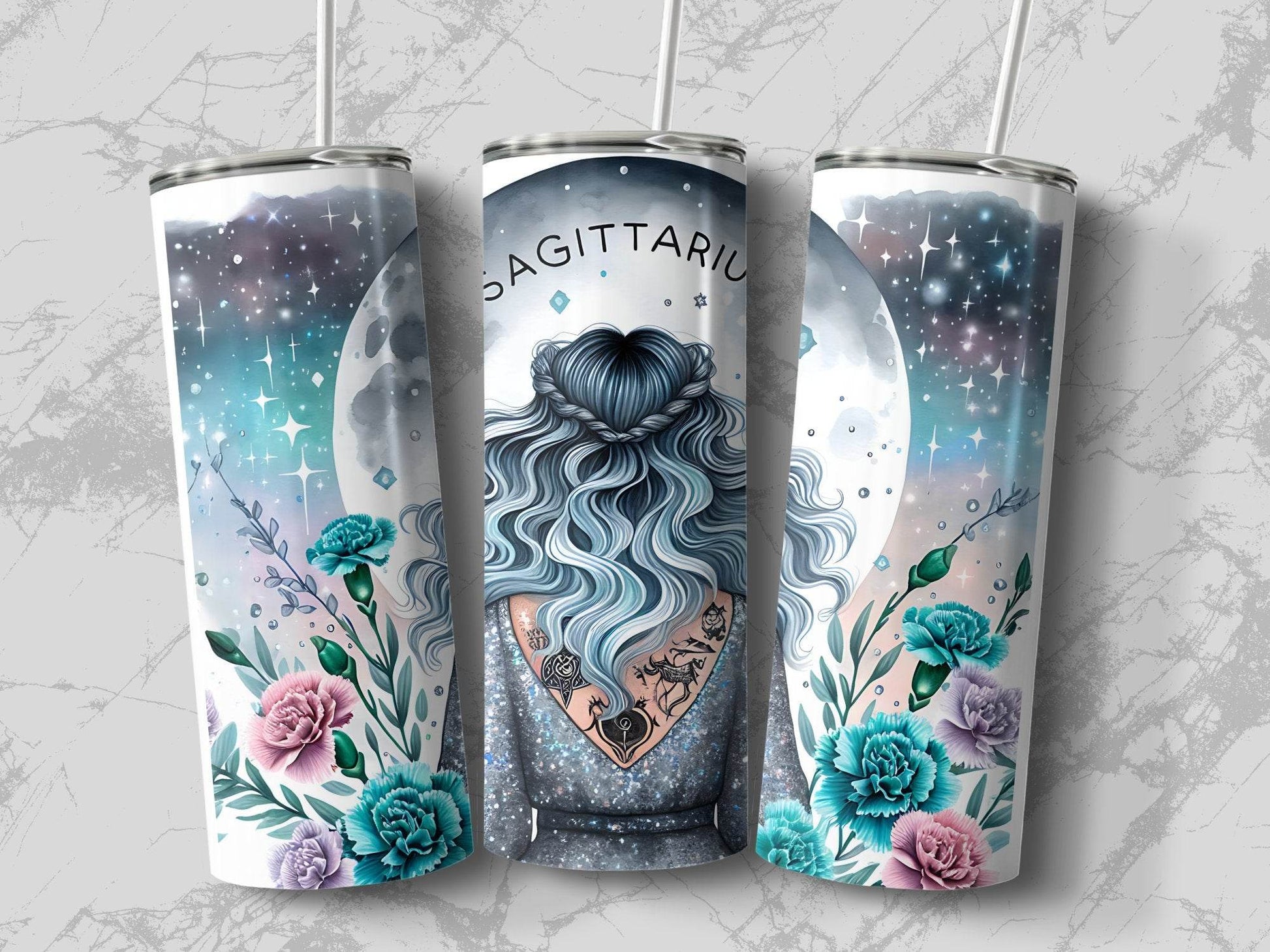 Sagittarius Zodiac Sign Art with Flowers And Moon Tumbler - Design & Vybe