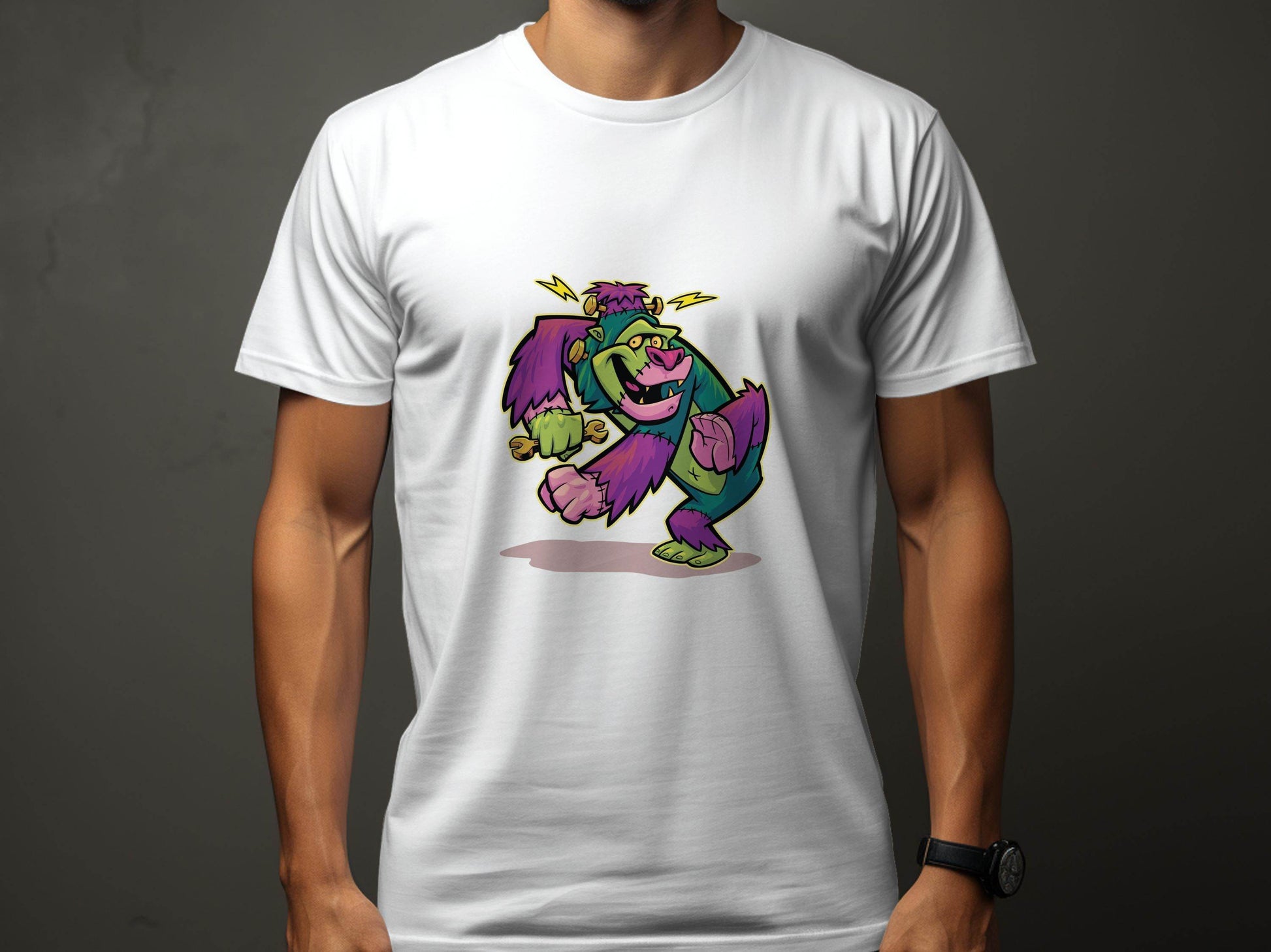 Cartoon Frankenstein with Lightning Strikes Above T-Shirt - Design & Vybe