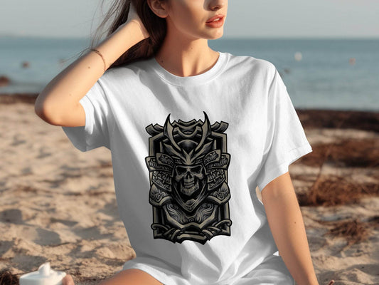 Intricate Samurai Skull Design on White T-Shirt product